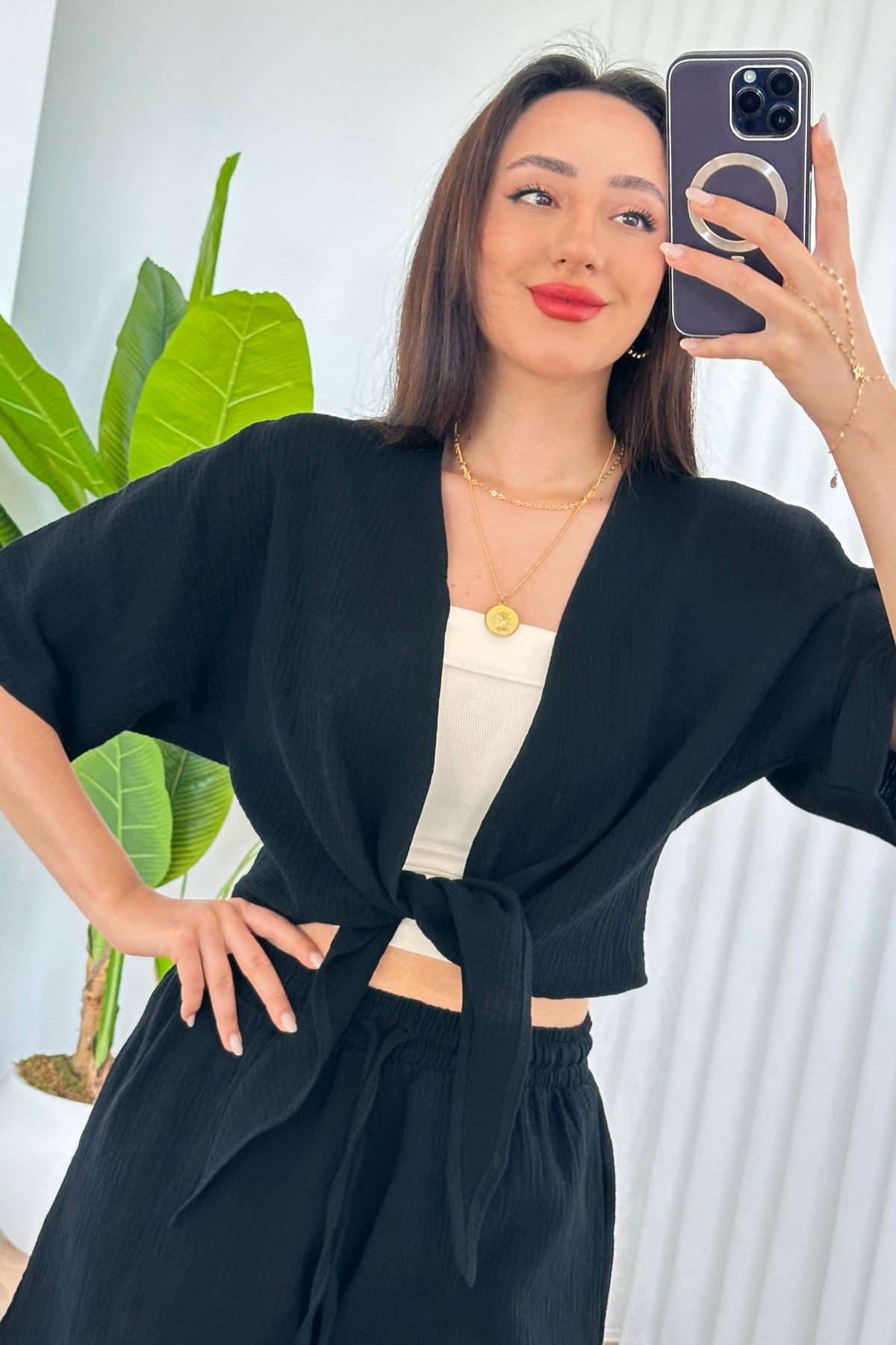 Müslin Önden Bağlamalı Kısa Model Toptan Siyah Kimono Siyah