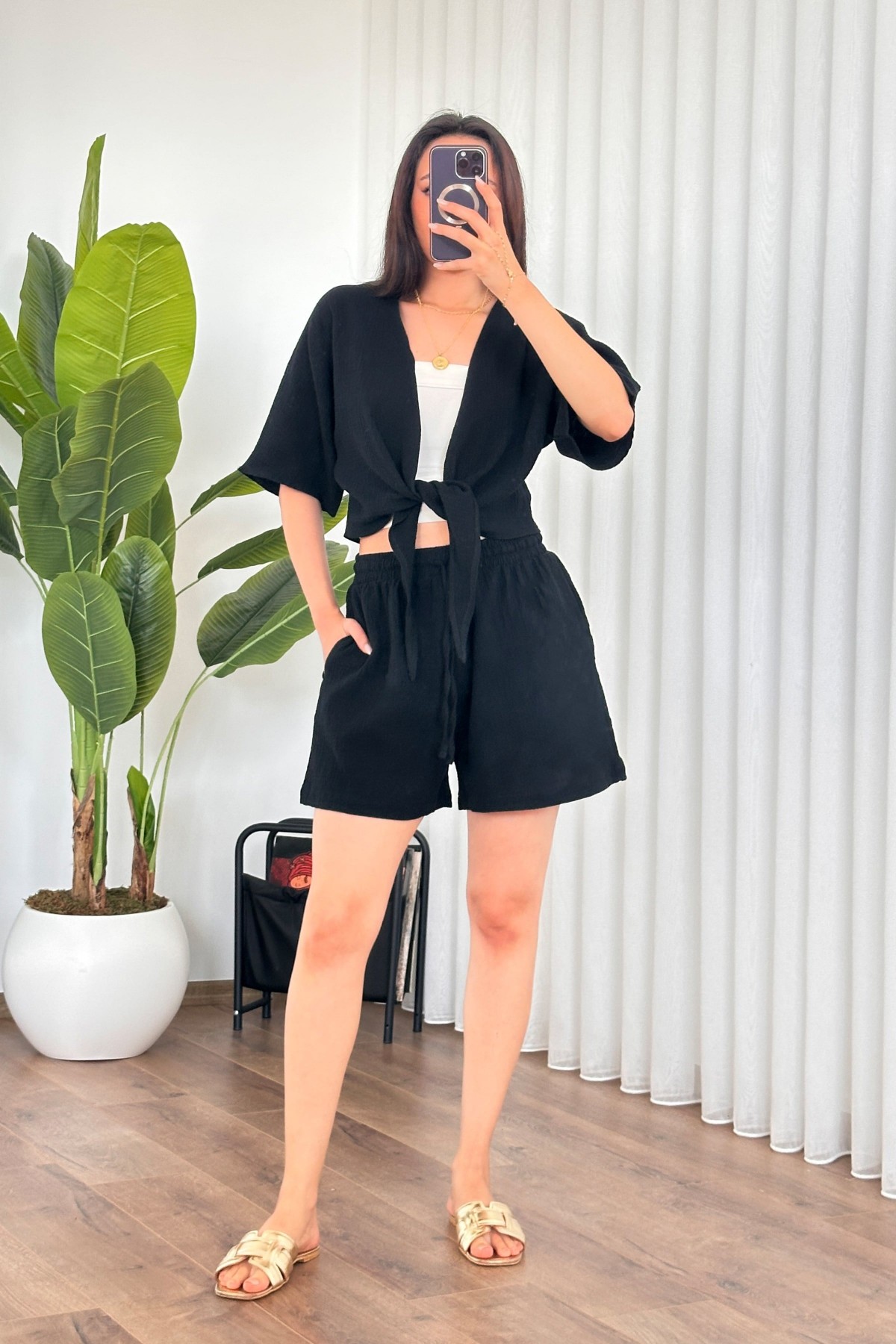 Müslin Önden Bağlamalı Kısa Model Toptan Siyah Kimono Siyah