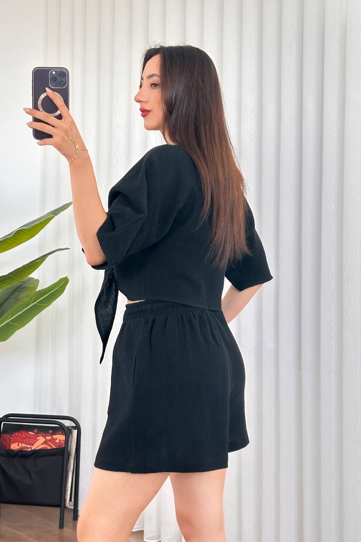 Müslin Önden Bağlamalı Kısa Model Toptan Siyah Kimono Siyah