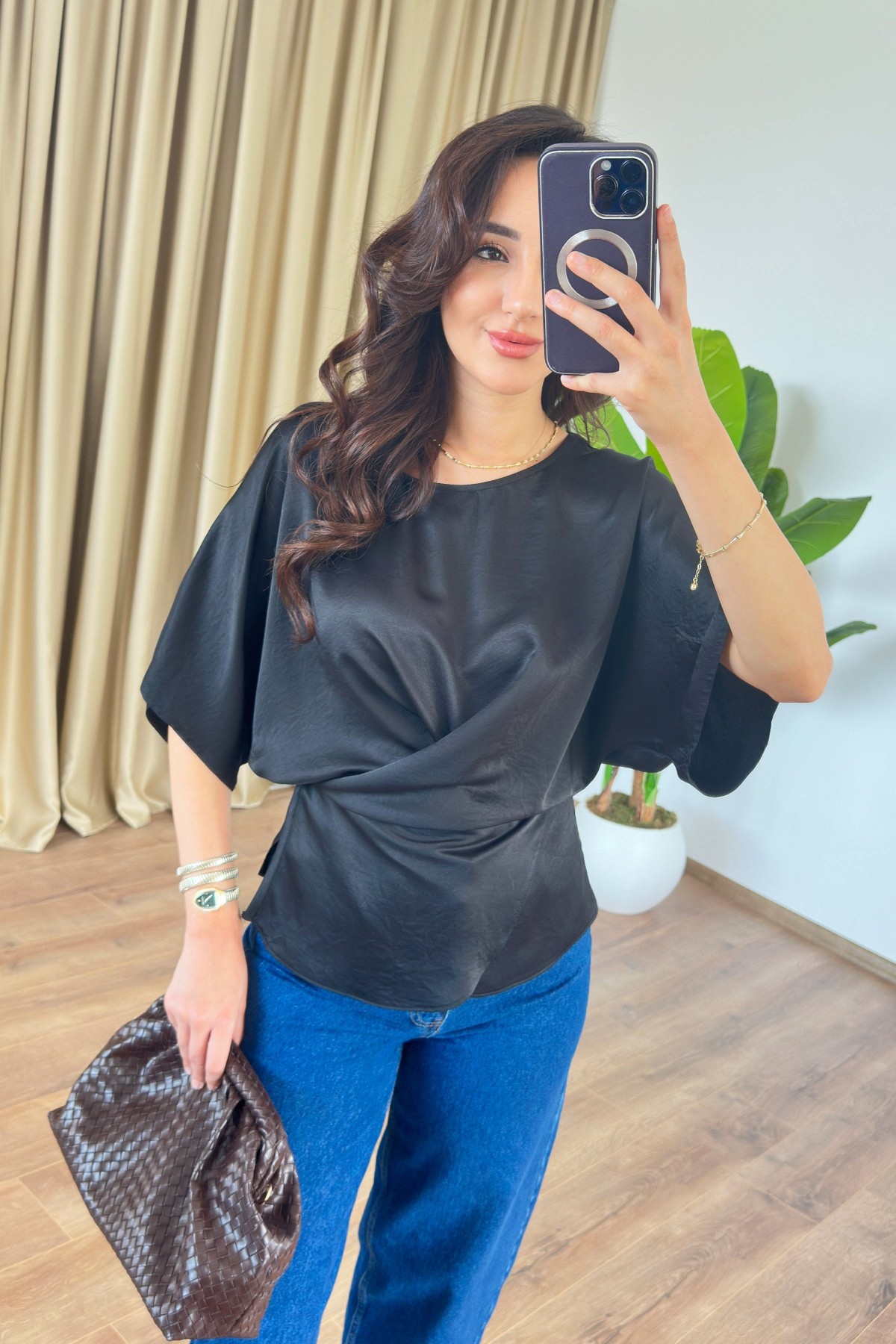 Çapraz Bağlamalı Siyah Toptan Bluz Siyah
