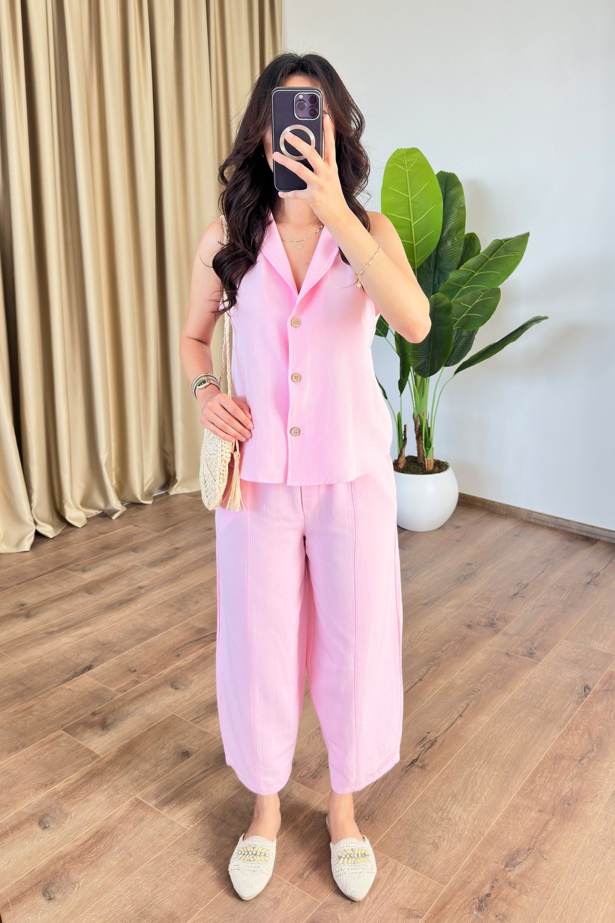 Keten Havuç Pantolon Ve Yelek Pembe Toptan Takım Pembe