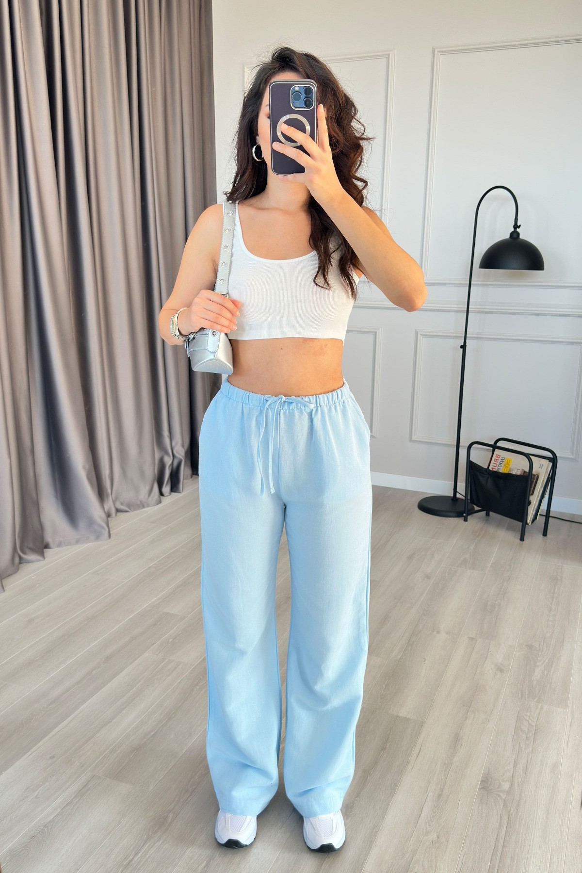 Beli Bağcık Bağlamalı Bebe Mavisi Keten Toptan Pantolon Bebe Mavi