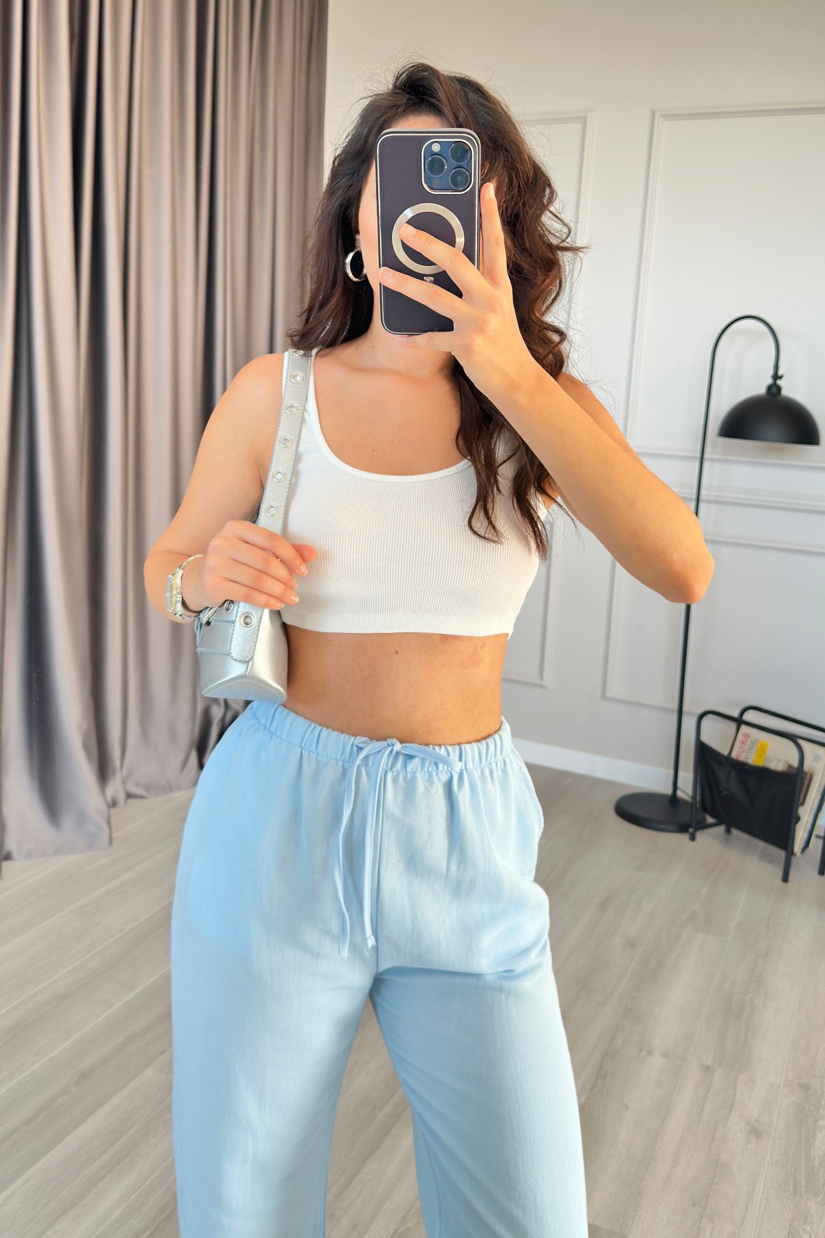 Beli Bağcık Bağlamalı Bebe Mavisi Keten Toptan Pantolon Bebe Mavi