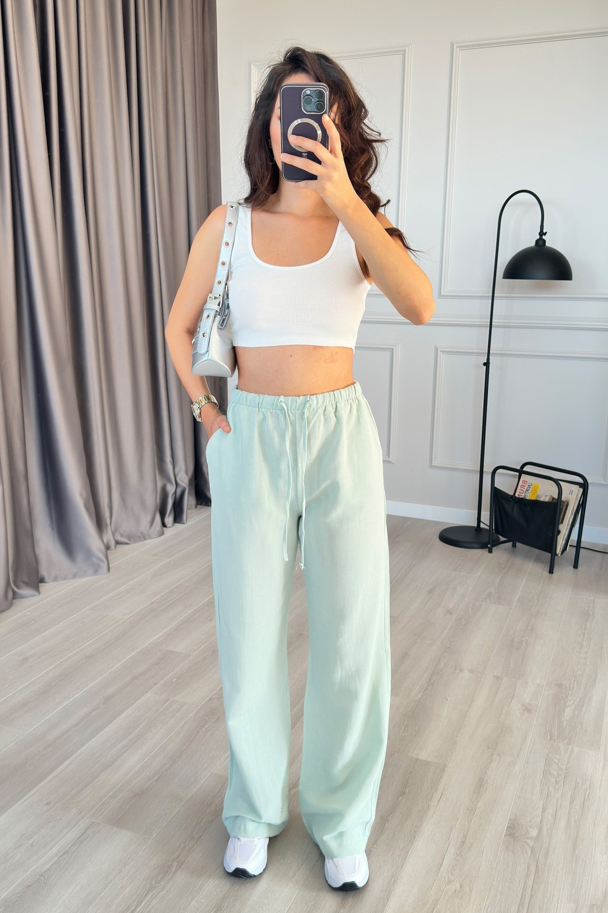 Beli Bağcık Bağlamalı Mint Keten Toptan Pantolon Mint Yeşili