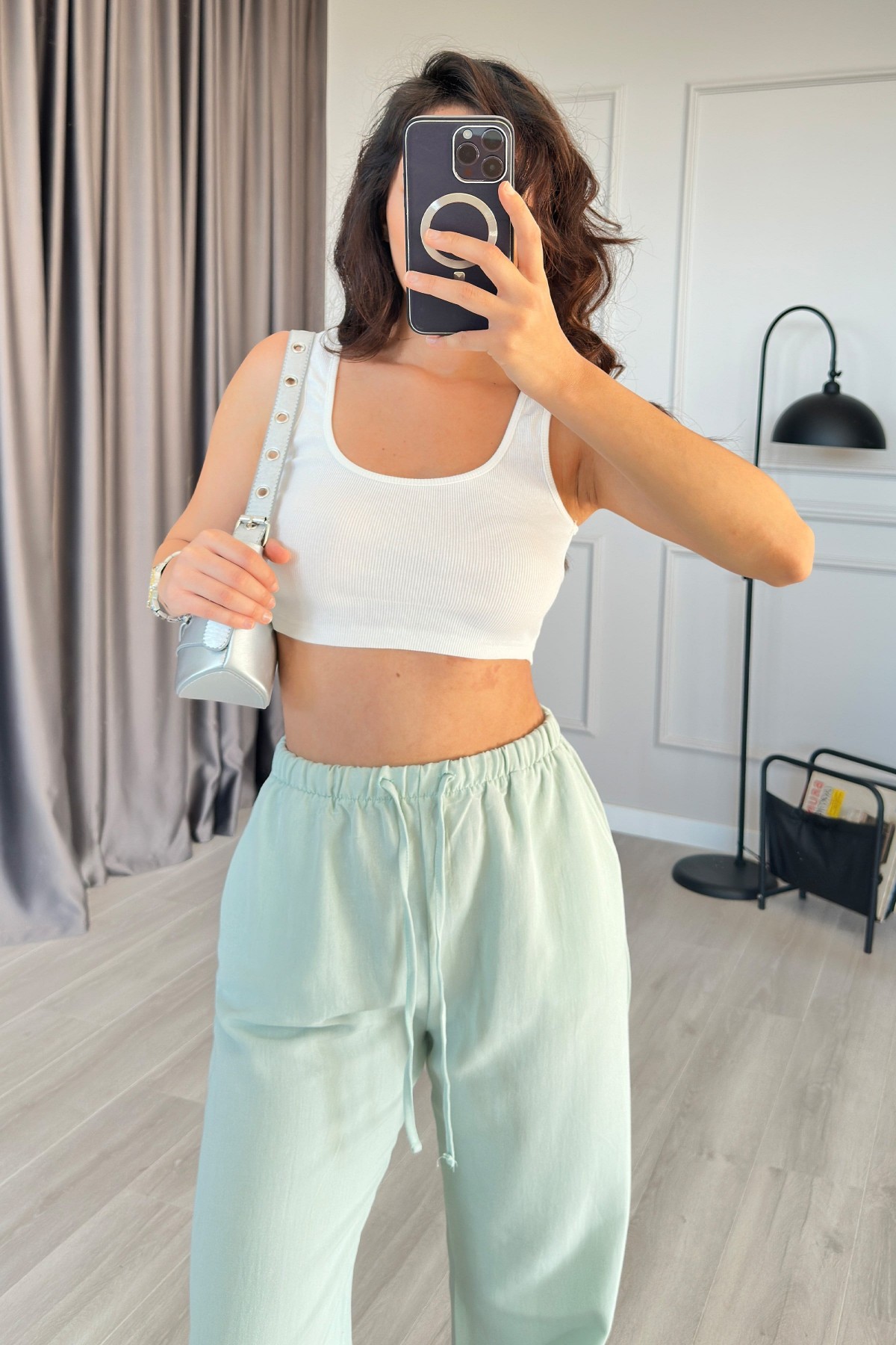 Beli Bağcık Bağlamalı Mint Keten Toptan Pantolon Mint Yeşili