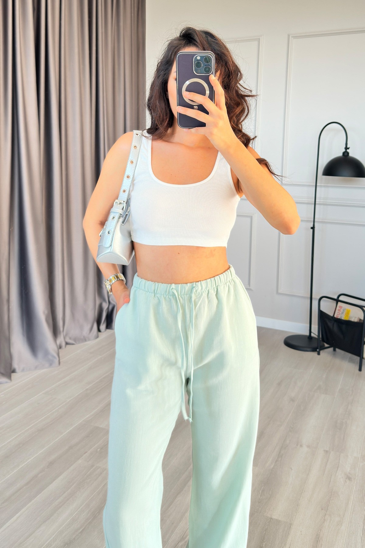 Beli Bağcık Bağlamalı Mint Keten Toptan Pantolon Mint Yeşili