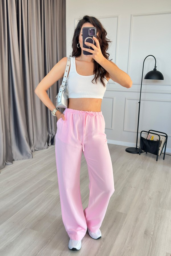 Beli Bağcık Bağlamalı Pembe Keten Toptan Pantolon Pembe