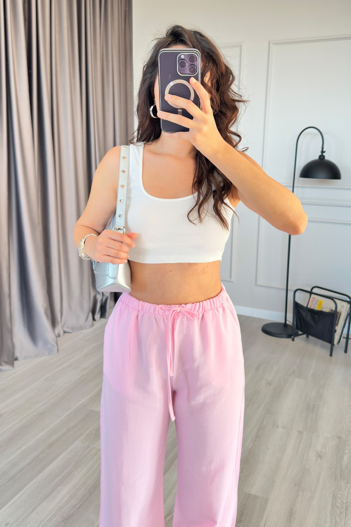 Beli Bağcık Bağlamalı Pembe Keten Toptan Pantolon Pembe