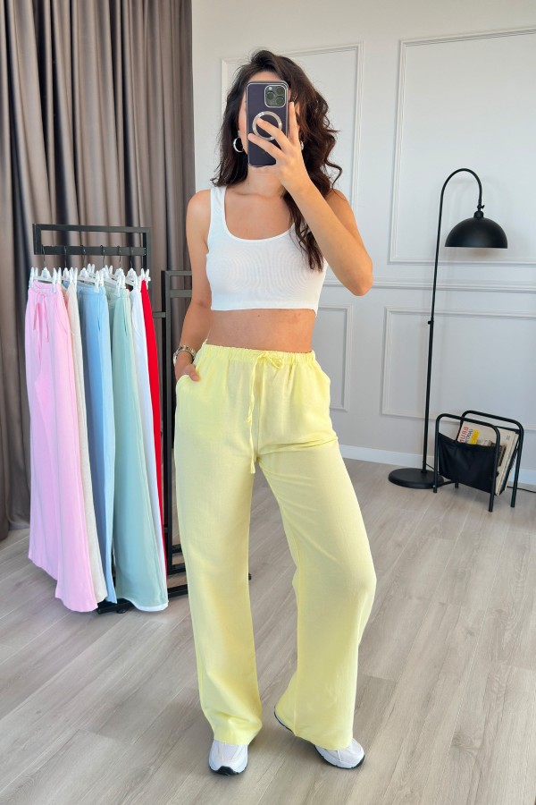 Beli Bağcık Bağlamalı Sarı Keten Toptan Pantolon Sarı