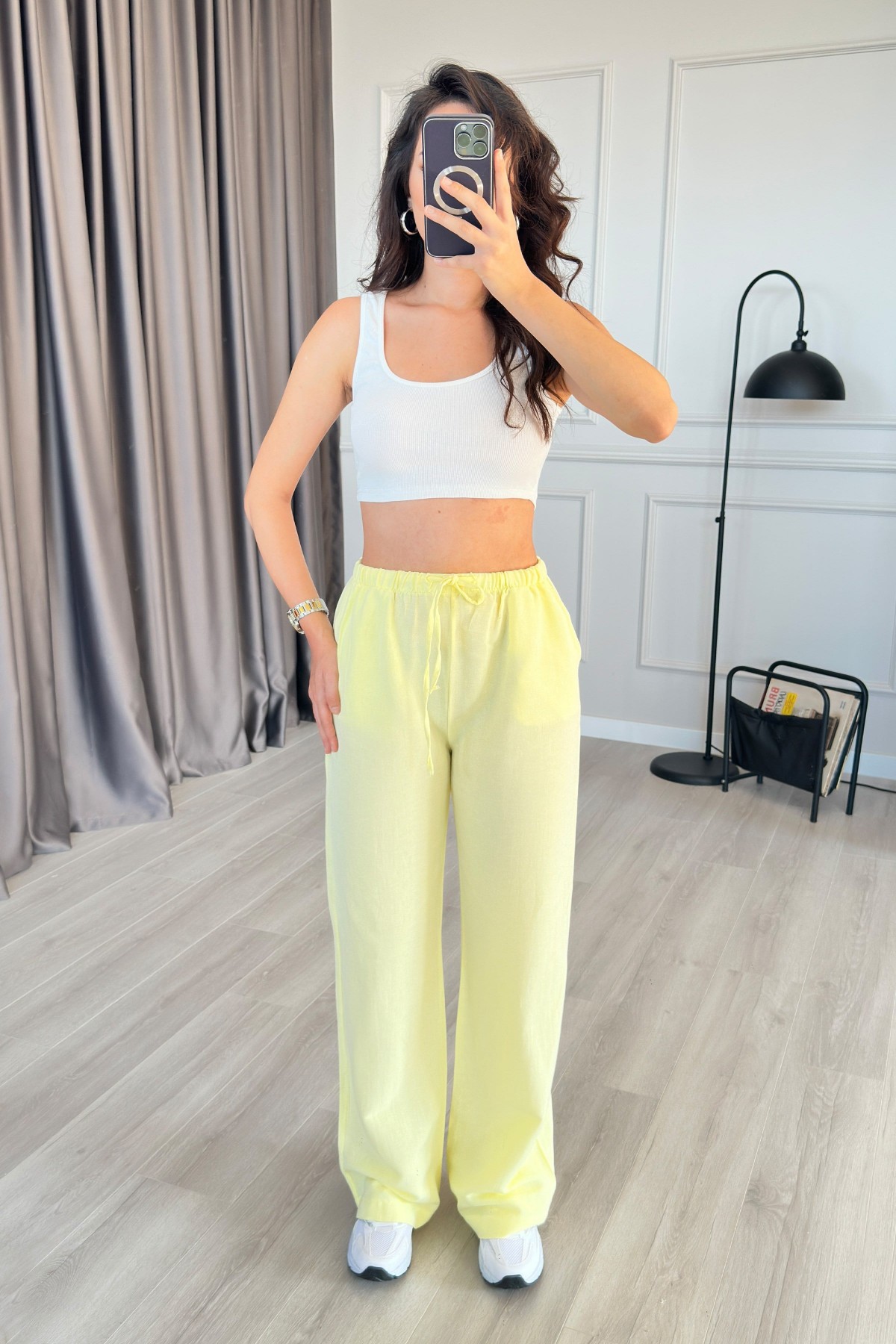 Beli Bağcık Bağlamalı Sarı Keten Toptan Pantolon Sarı