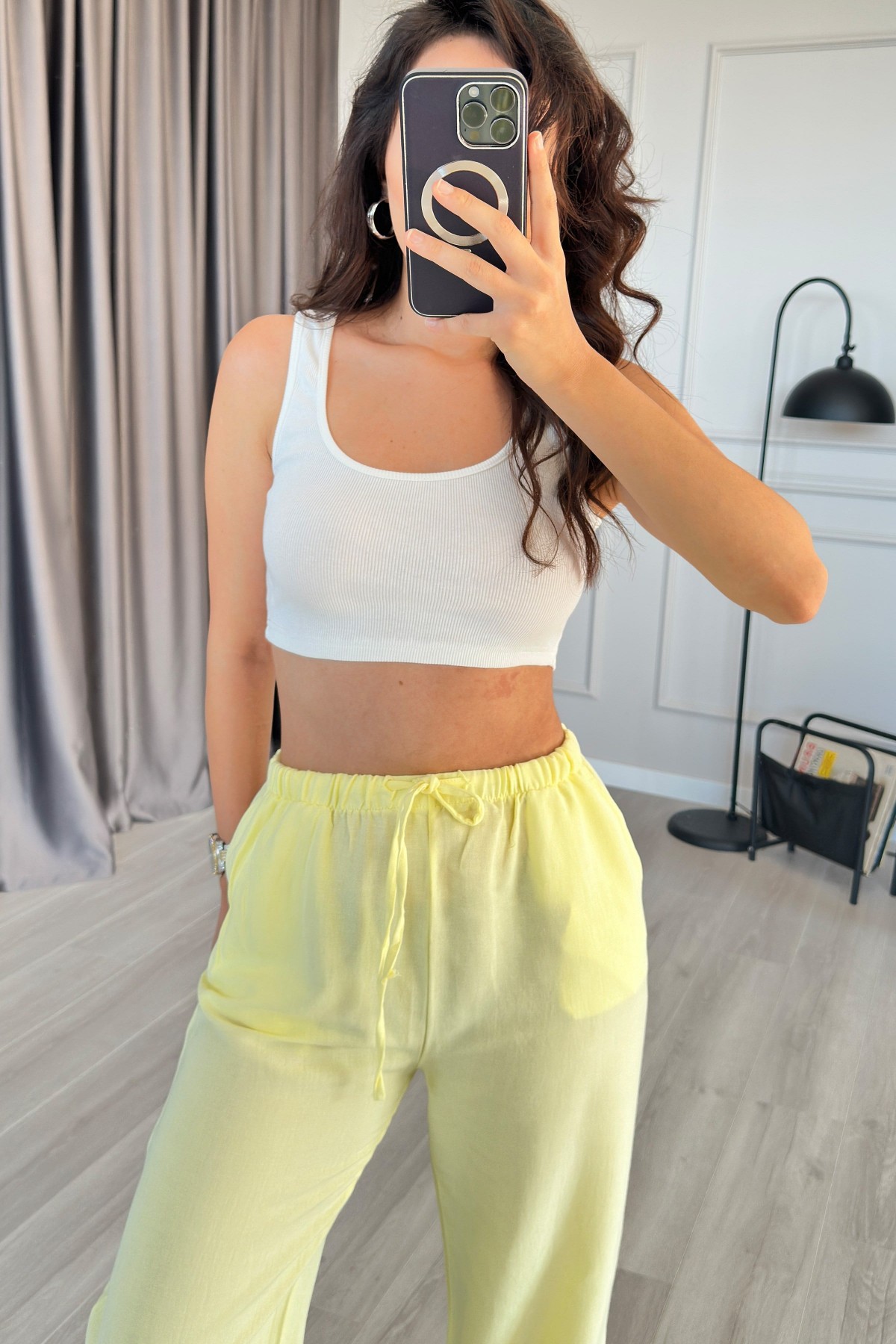 Beli Bağcık Bağlamalı Sarı Keten Toptan Pantolon Sarı