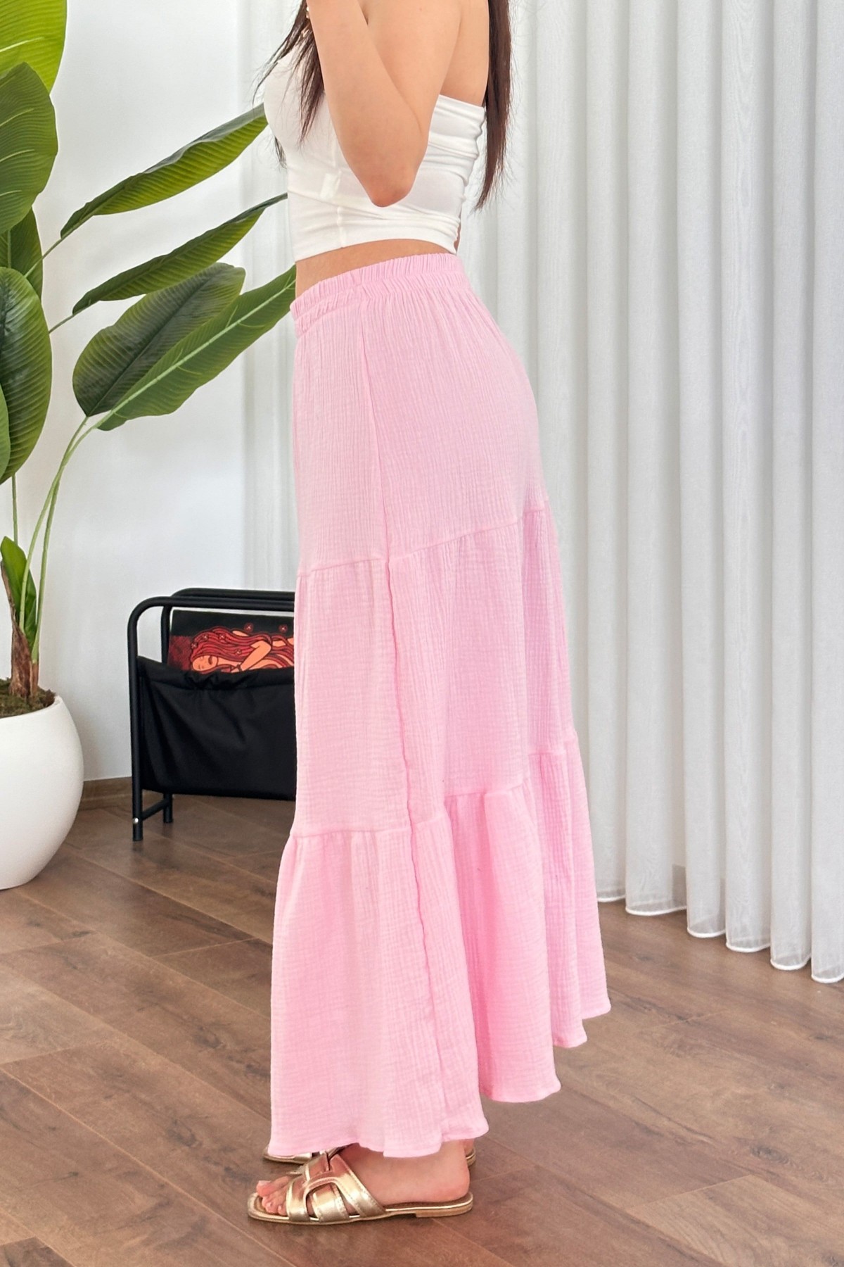 A Kesim Müslin Pamuklu Toptan Pembe Uzun Etek Pembe