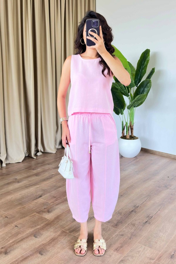 Basic Model Pembe Keten Toptan Takım Pembe