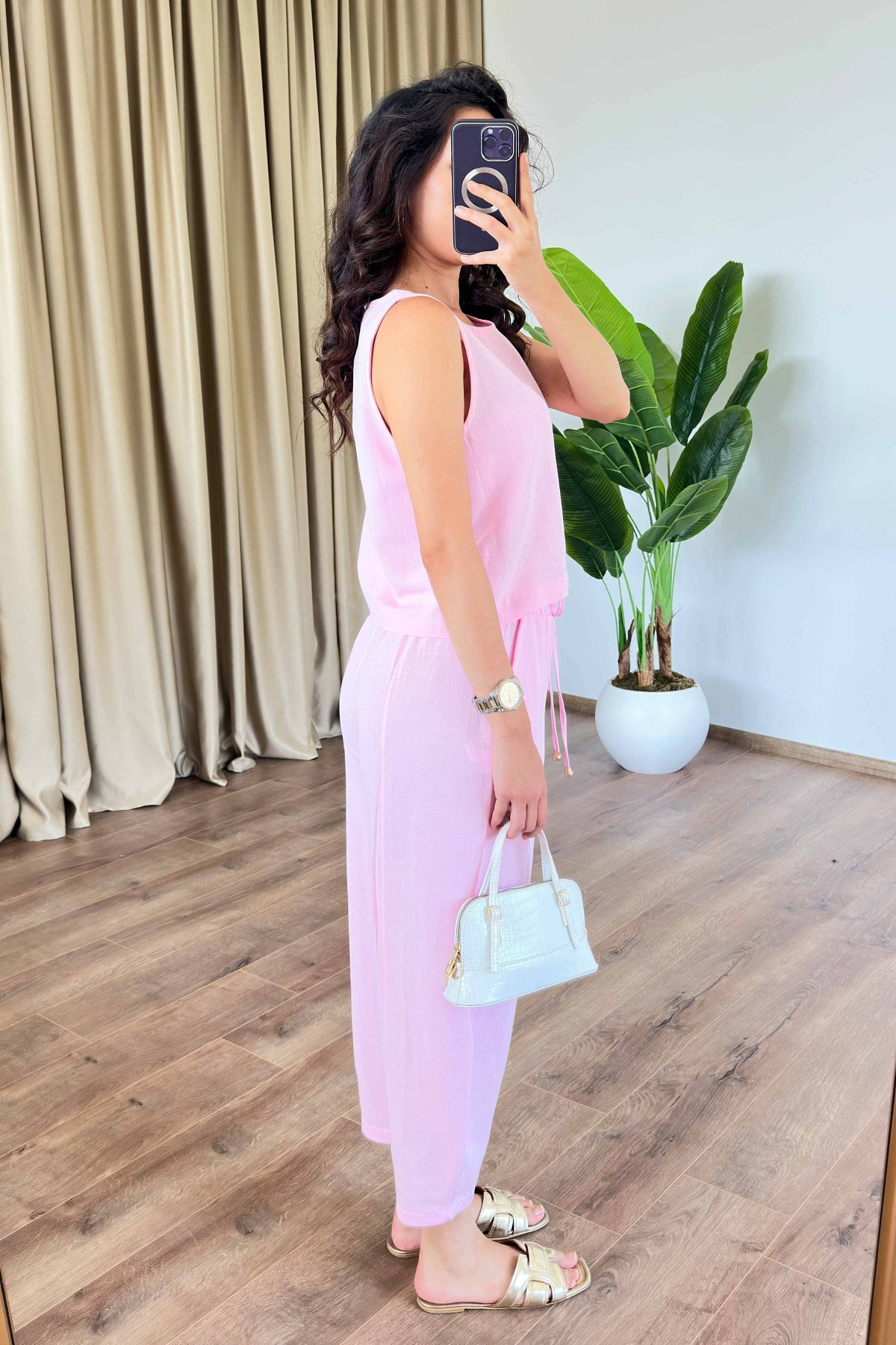 Basic Model Pembe Keten Toptan Takım Pembe