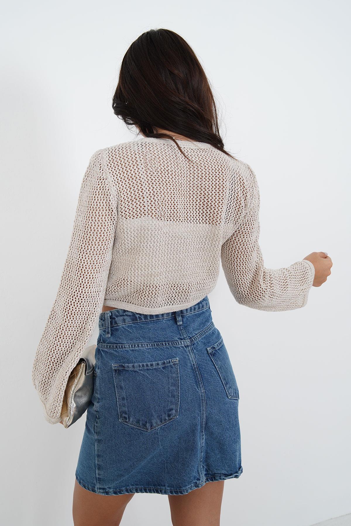 Sim İp Geçişli Toptan Triko Bej Crop STD