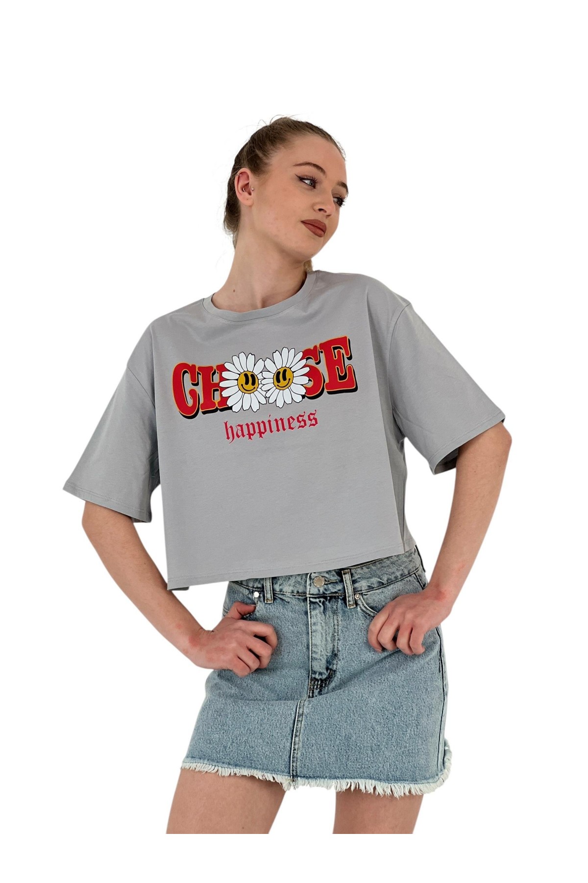 Kadın Oversize Çiçek Baskı Kısa Beyaz Crop Tişört