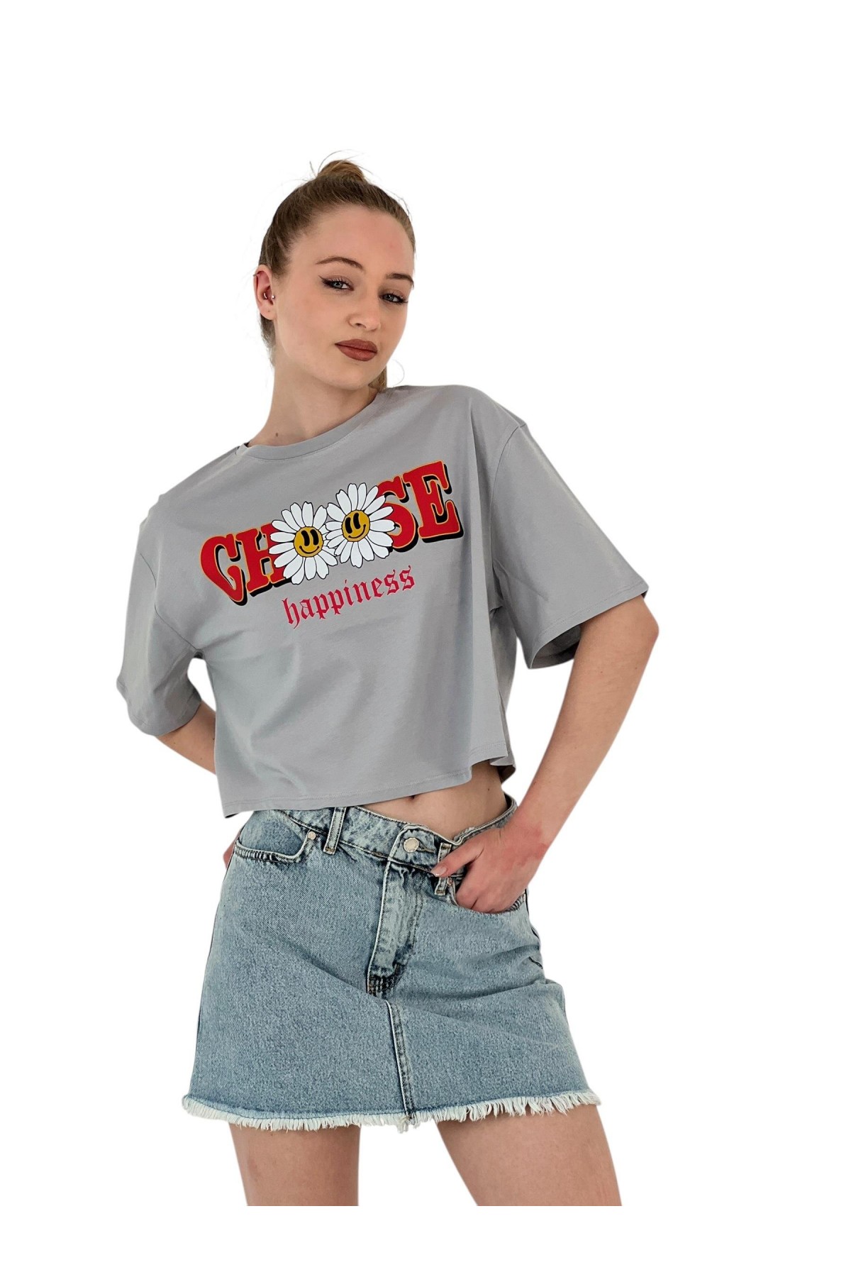 Kadın Oversize Çiçek Baskı Kısa Beyaz Crop Tişört