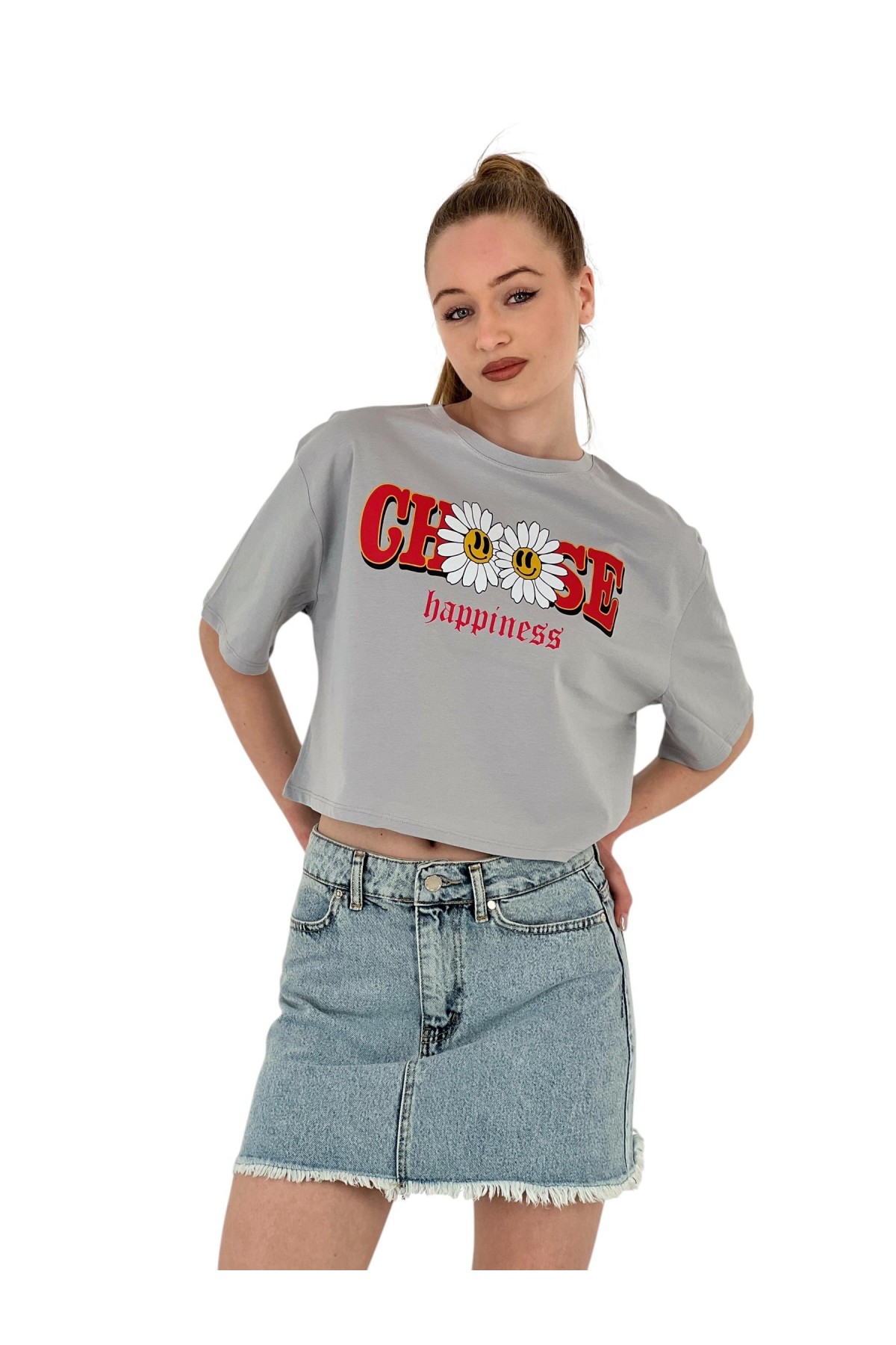 Kadın Oversize Çiçek Baskı Kısa Beyaz Crop Tişört