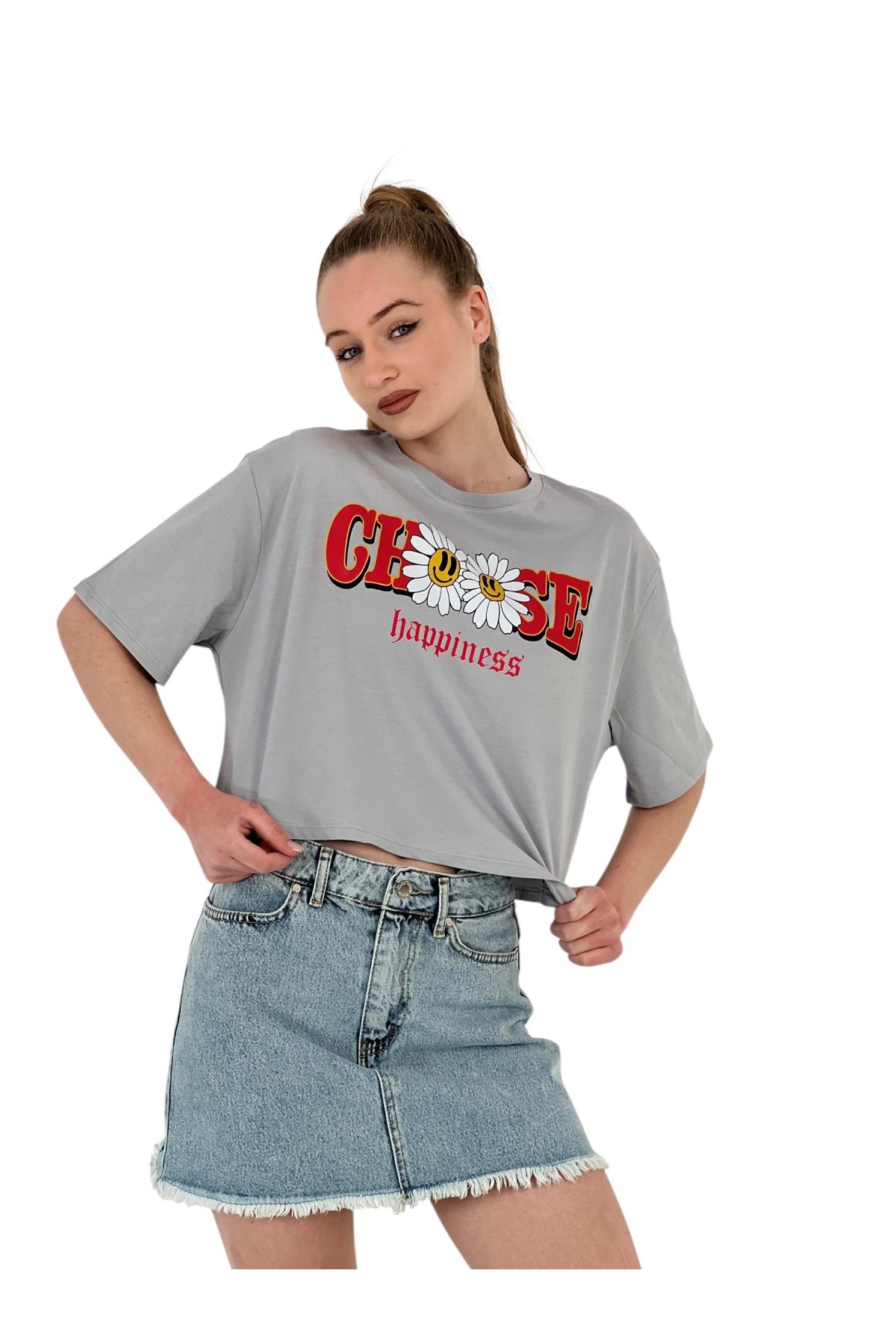 Kadın Oversize Çiçek Baskı Kısa Beyaz Crop Tişört