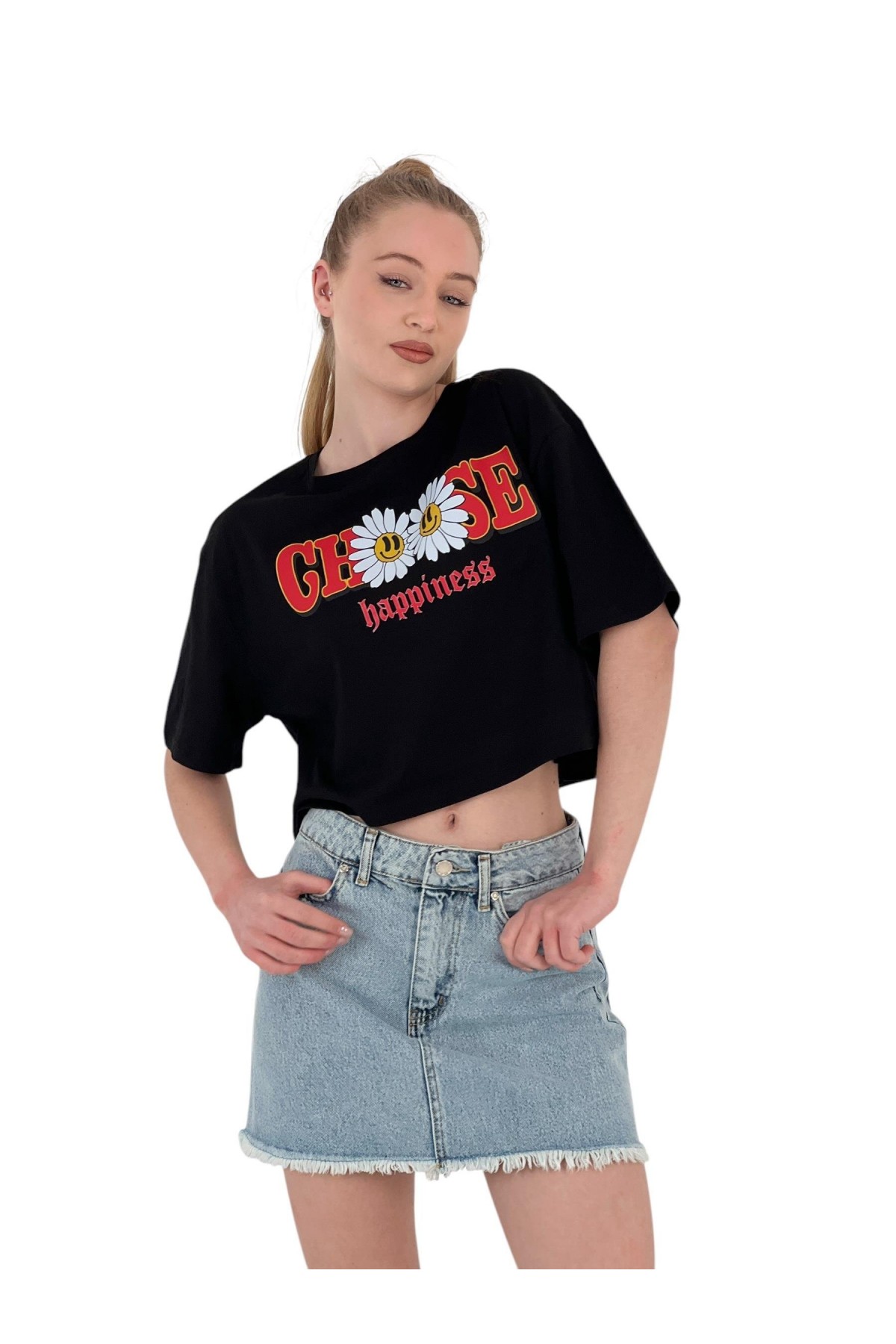 Kadın Oversize Çiçek Baskı Kısa Beyaz Crop Tişört