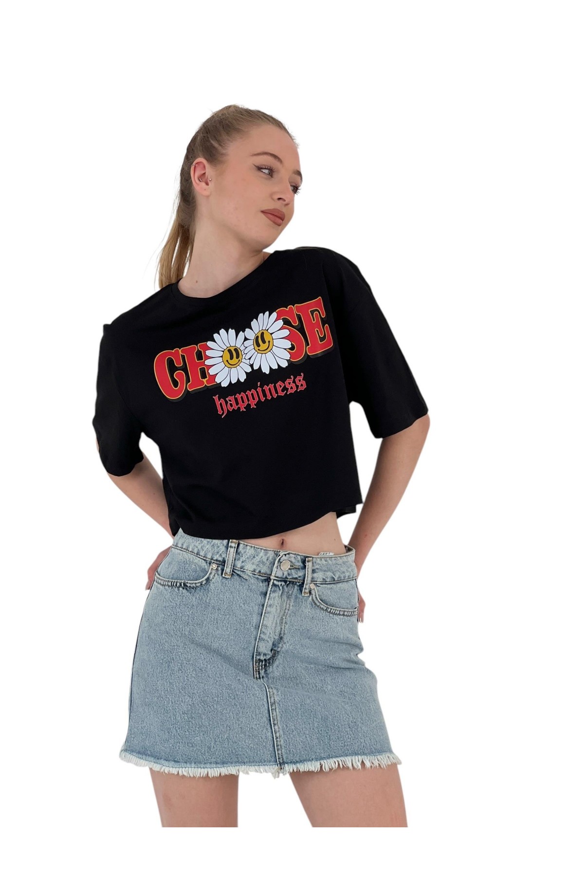 Kadın Oversize Çiçek Baskı Kısa Beyaz Crop Tişört