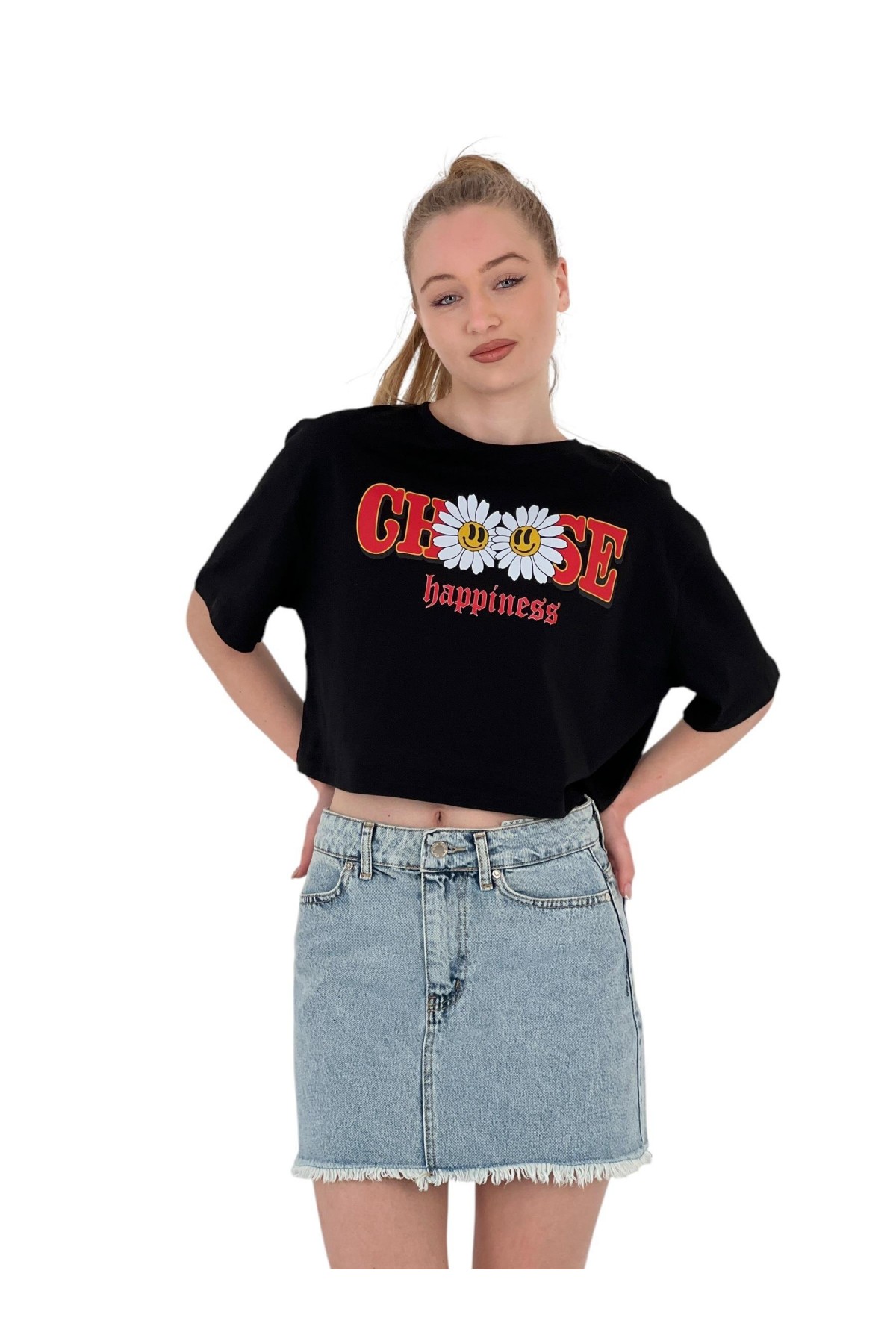 Kadın Oversize Çiçek Baskı Kısa Beyaz Crop Tişört