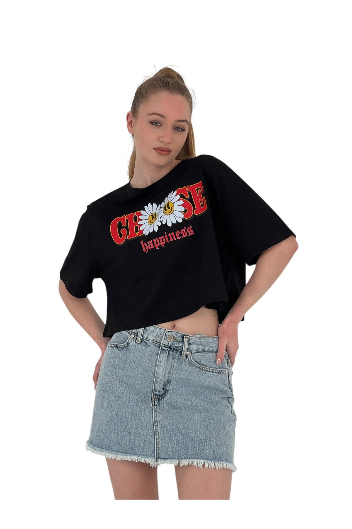 Kadın Oversize Çiçek Baskı Kısa Beyaz Crop Tişört