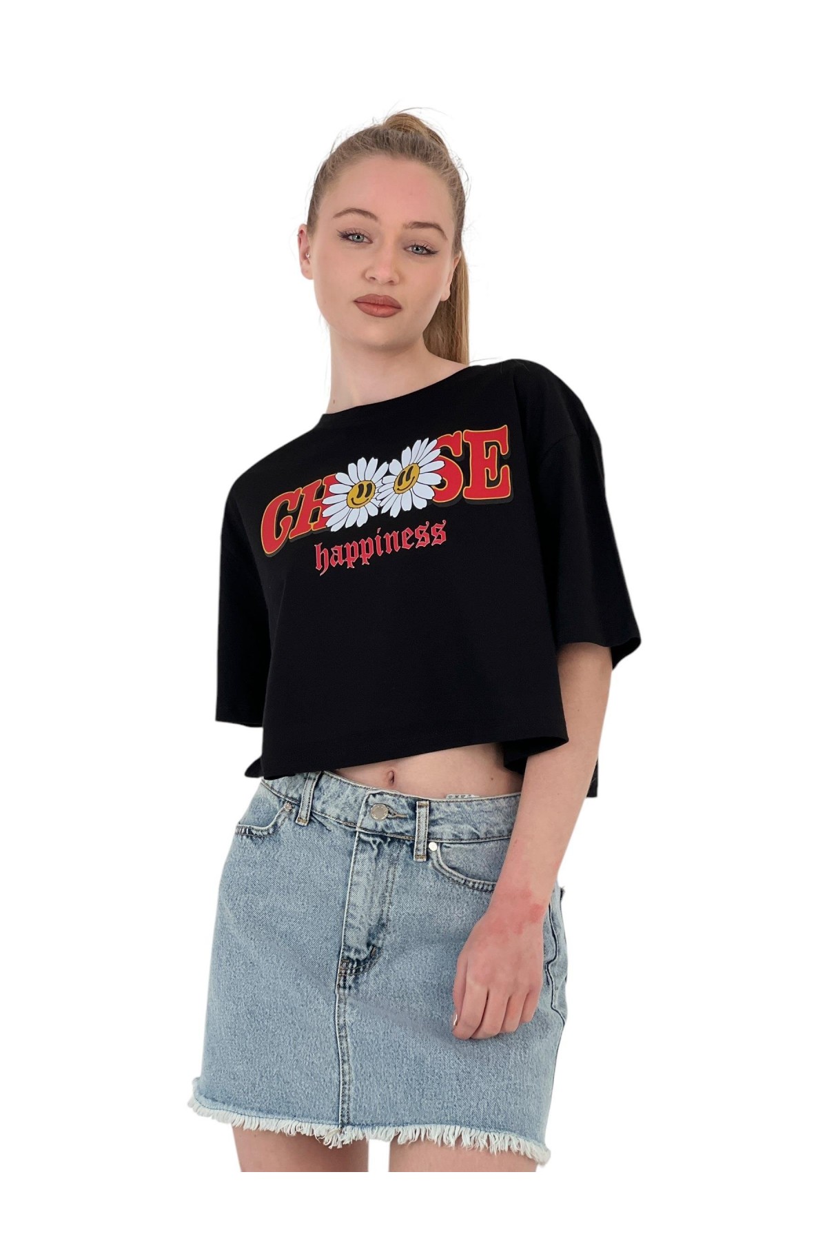 Kadın Oversize Çiçek Baskı Kısa Beyaz Crop Tişört