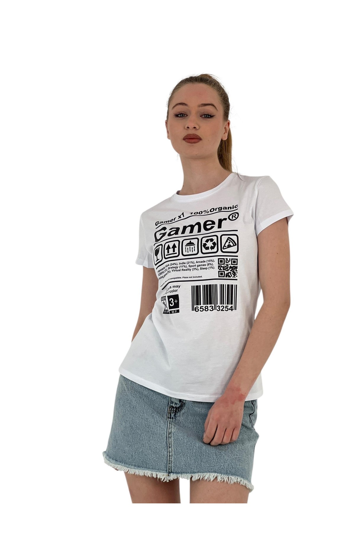 Kadın Gamer Baskılı Kısa Kollu Yazlık Beyaz Tişört
