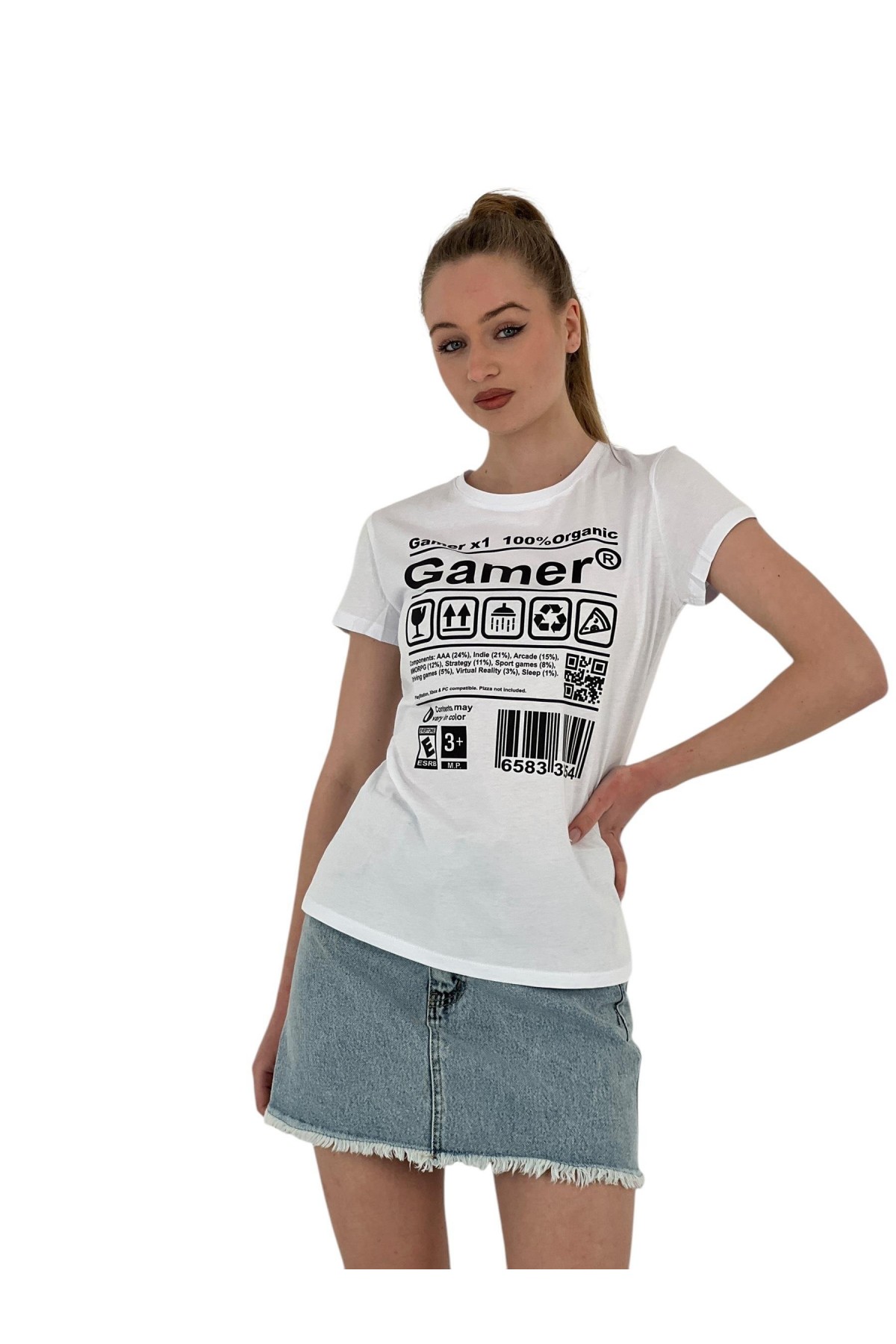Kadın Gamer Baskılı Kısa Kollu Yazlık Beyaz Tişört