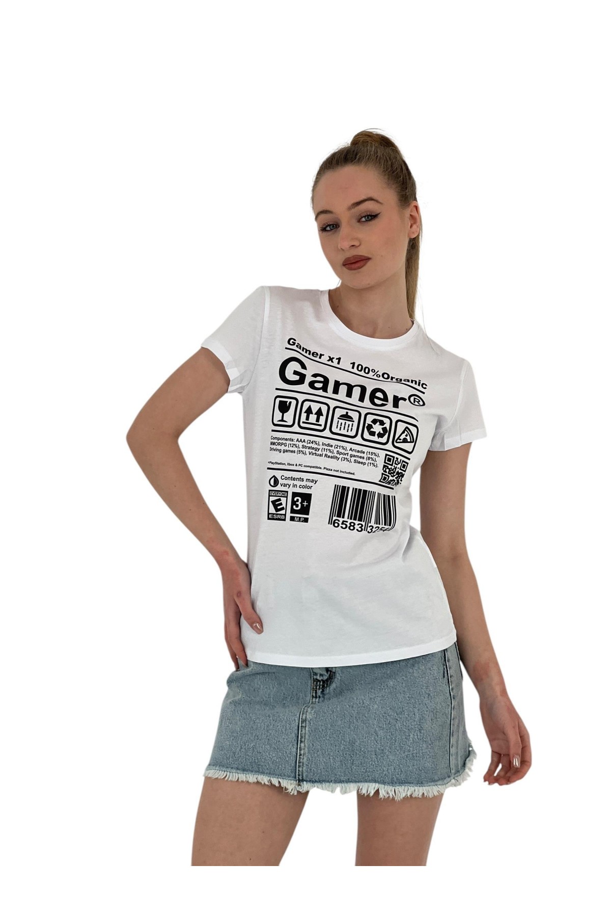 Kadın Gamer Baskılı Kısa Kollu Yazlık Beyaz Tişört