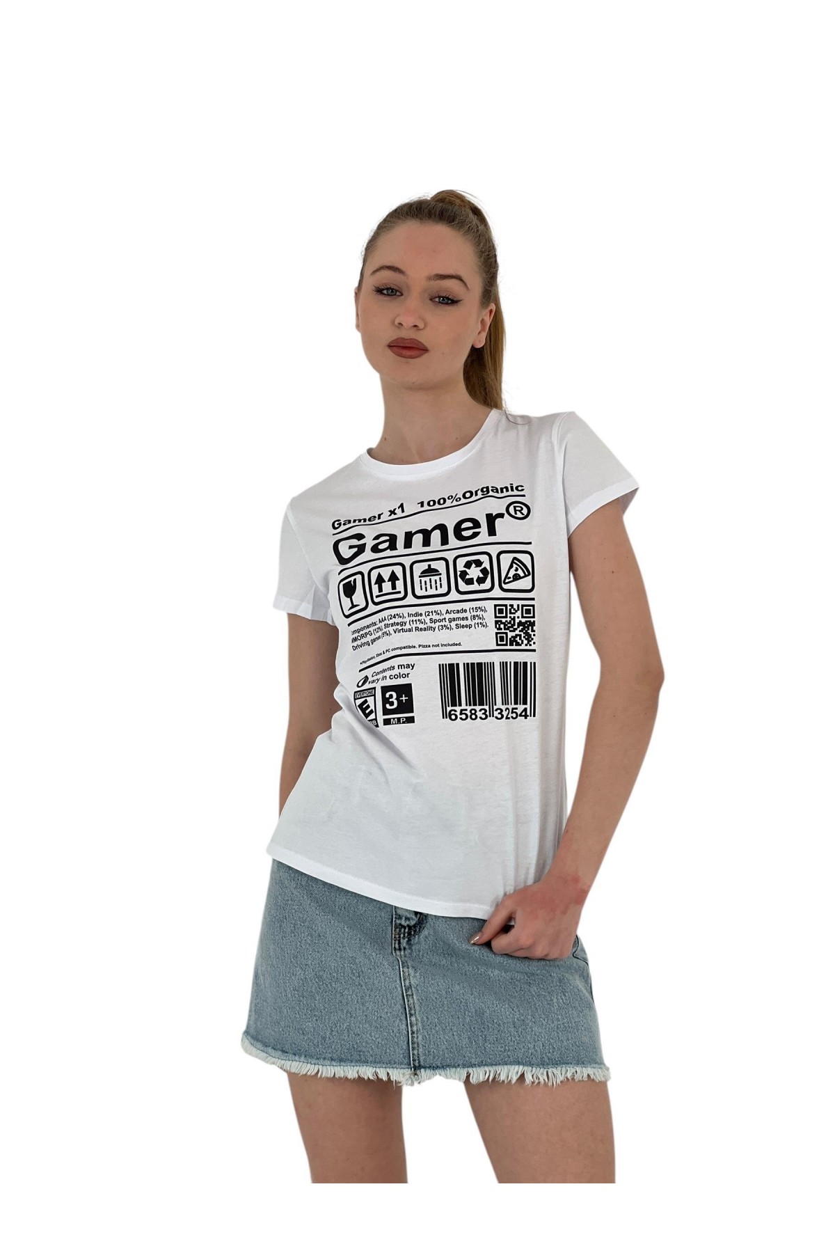 Kadın Gamer Baskılı Kısa Kollu Yazlık Beyaz Tişört