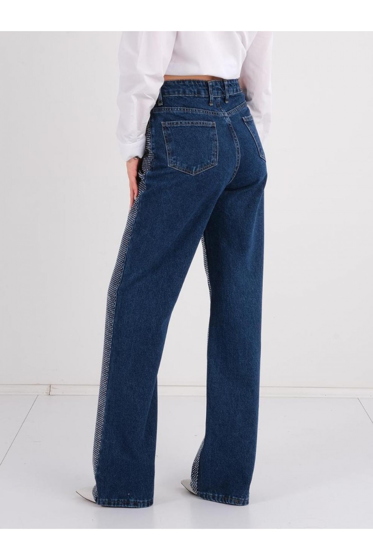 Taş İşlemeli Bol Paça Jean Pantolon