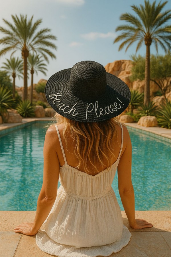 14232-9 Beach Please Yazılı Siyah Hasır Kloş Şapka