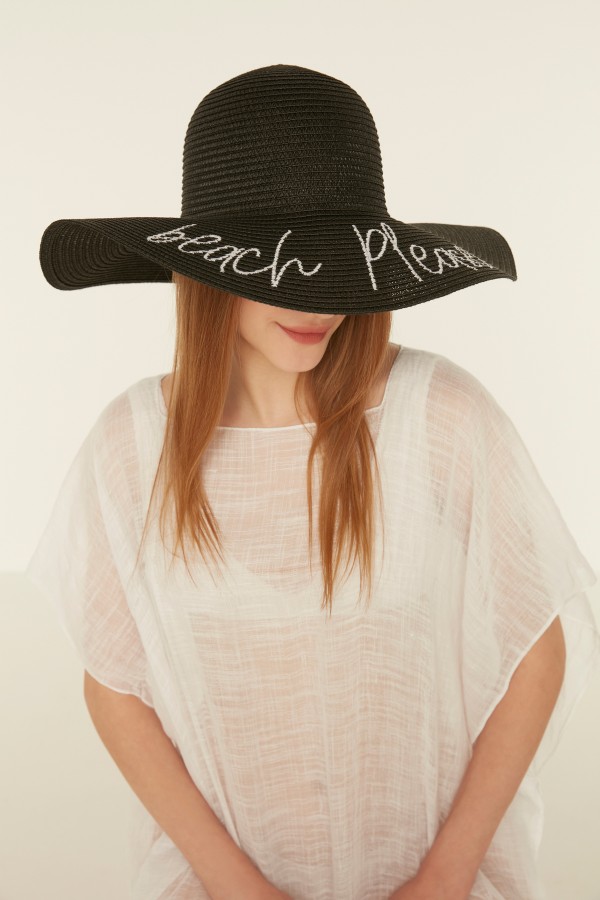 14232-9 Beach Please Yazılı Siyah Hasır Kloş Şapka