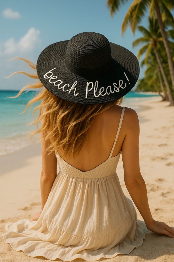 14232-9 Beach Please Yazılı Siyah Hasır Kloş Şapka