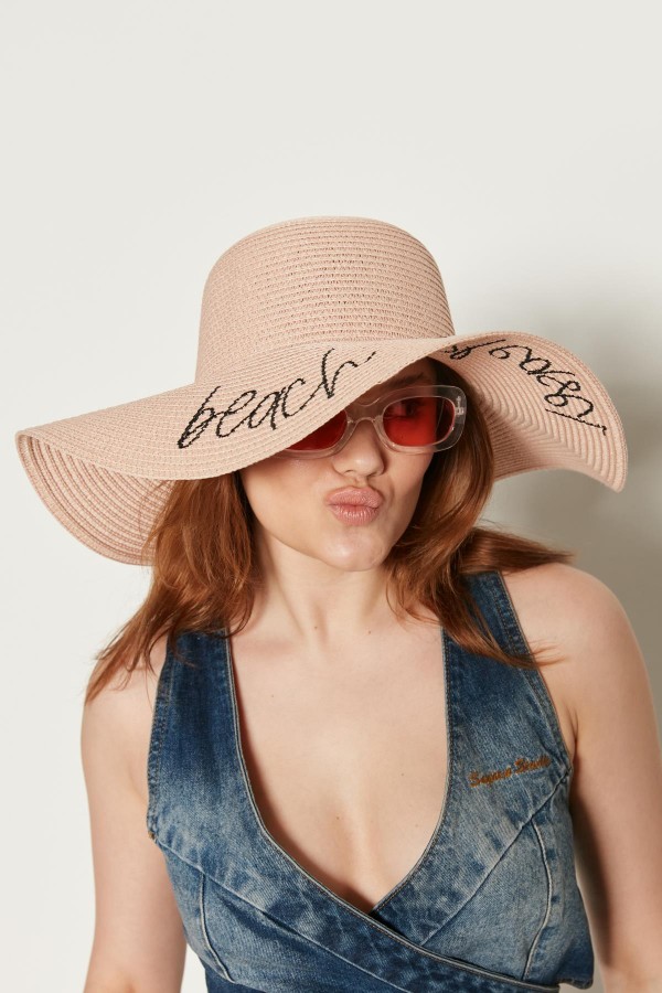 14232-9 Beach Please Yazılı Pudra Hasır Kloş Şapka