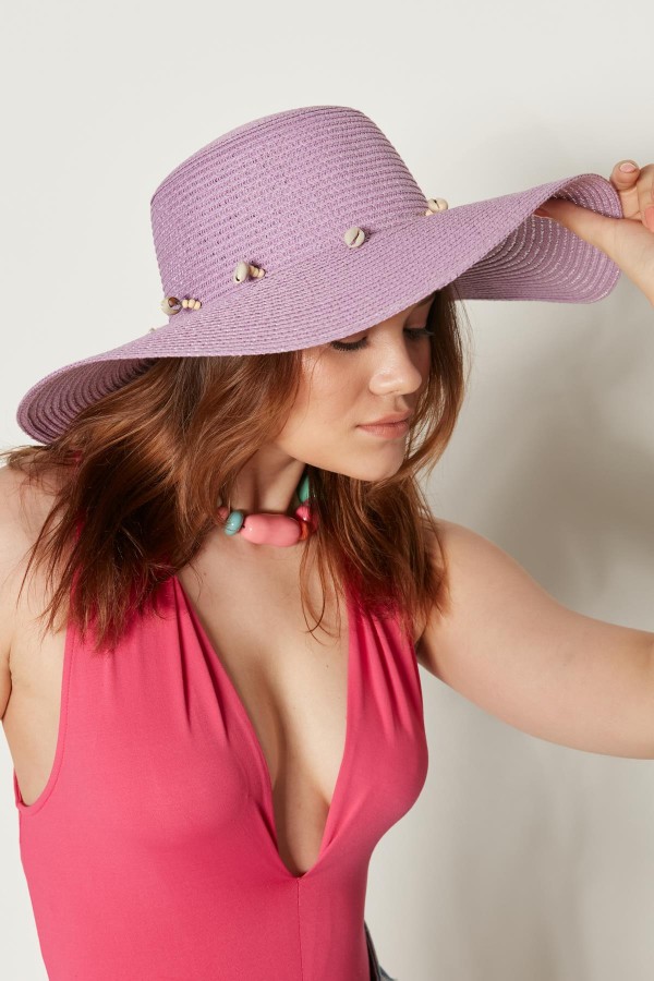 14232-1 Denizkabuğu Lila Geniş Hasır Şapka