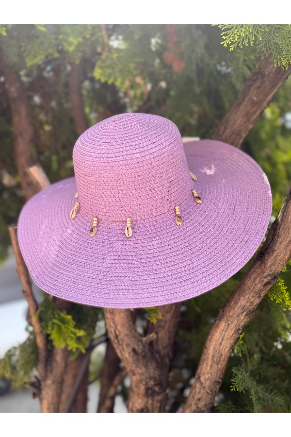 14232-1 Denizkabuğu Lila Geniş Hasır Şapka