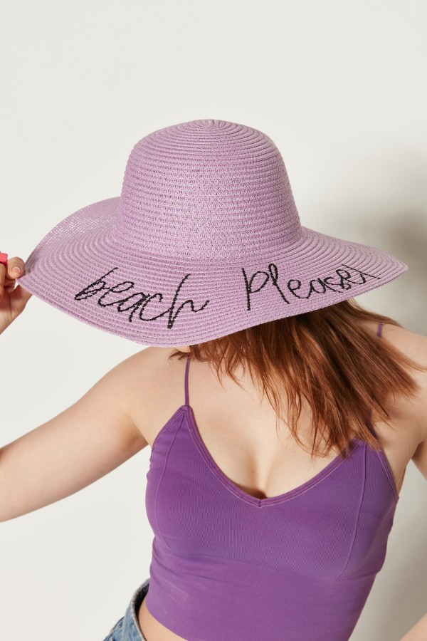 14232-9 Beach Please Yazılı Lila Hasır Kloş Şapka