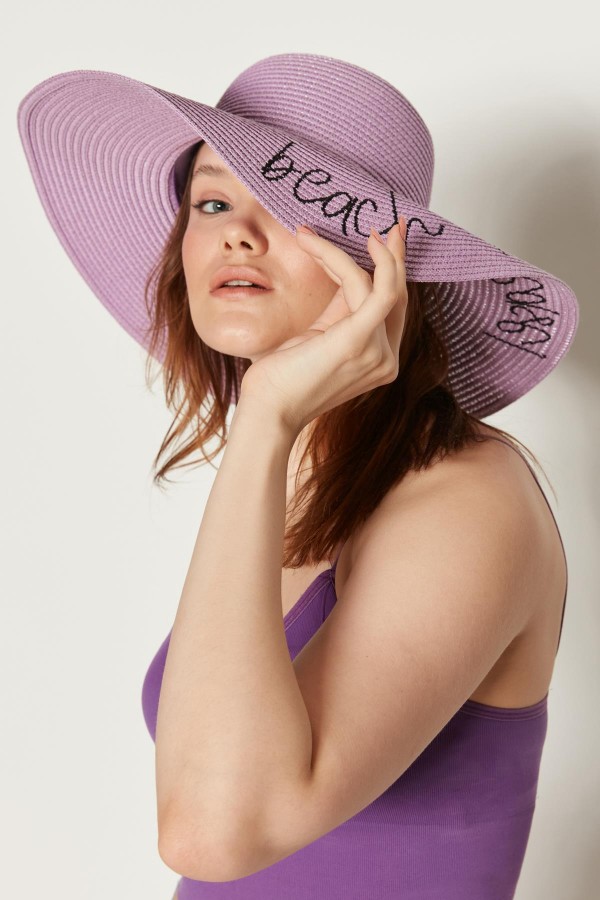 14232-9 Beach Please Yazılı Lila Hasır Kloş Şapka