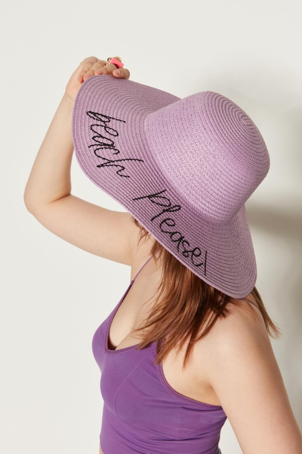 14232-9 Beach Please Yazılı Lila Hasır Kloş Şapka