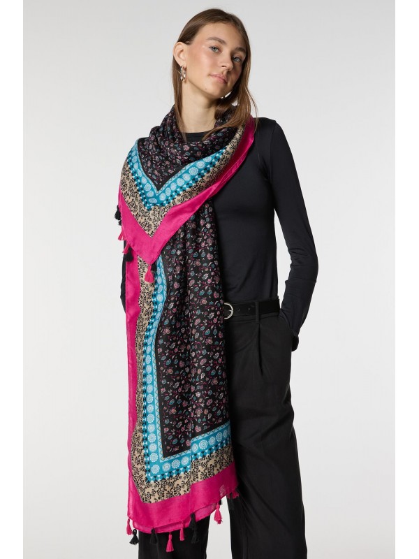 15086 Ethnic Patterned Pink Shawl with Gilding and Tassels