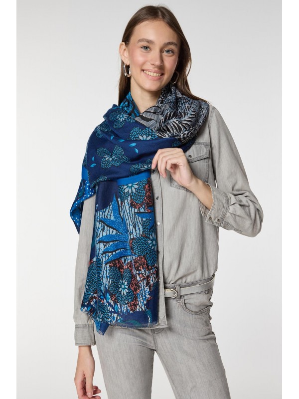 15077 Floral Patterned Saxe Blue Shawl