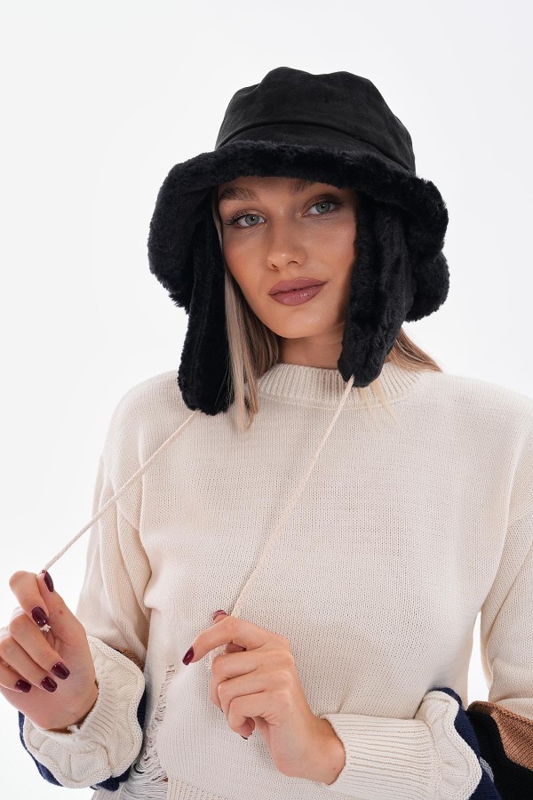 14618 Double-Sided Black Suede Bucket Hat with Fur Inside