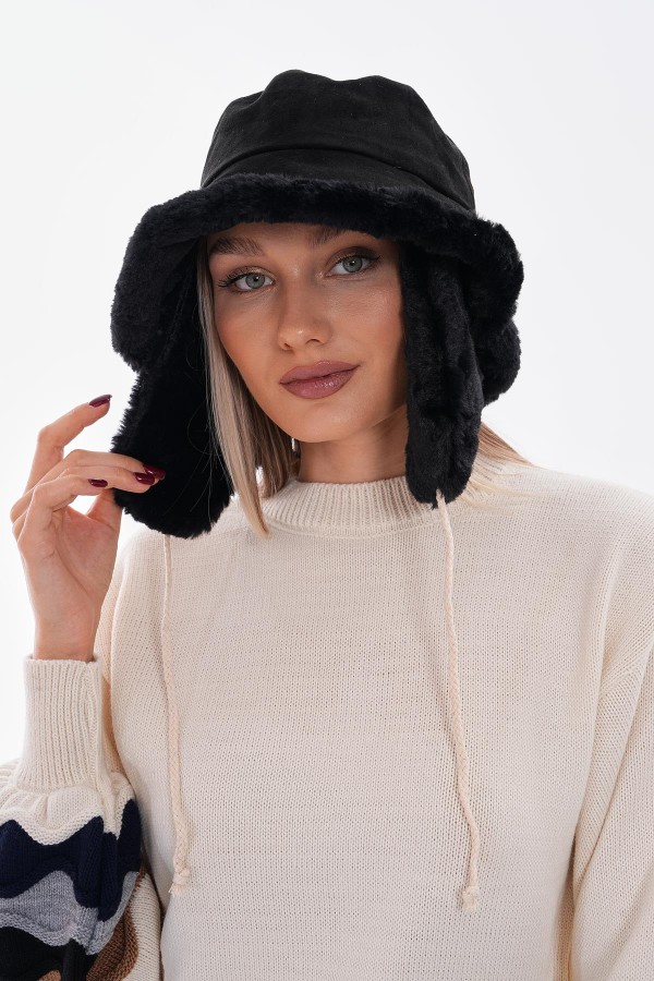14618 Double-Sided Black Suede Bucket Hat with Fur Inside