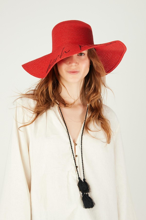14232-9 Beach Please Yazılı Kırmızı Hasır Kloş Şapka
