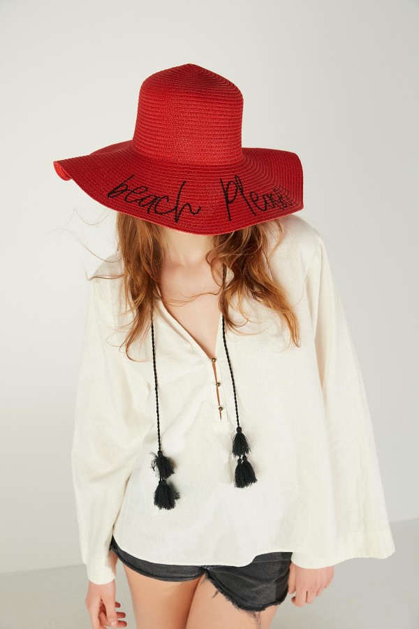 14232-9 Beach Please Yazılı Kırmızı Hasır Kloş Şapka