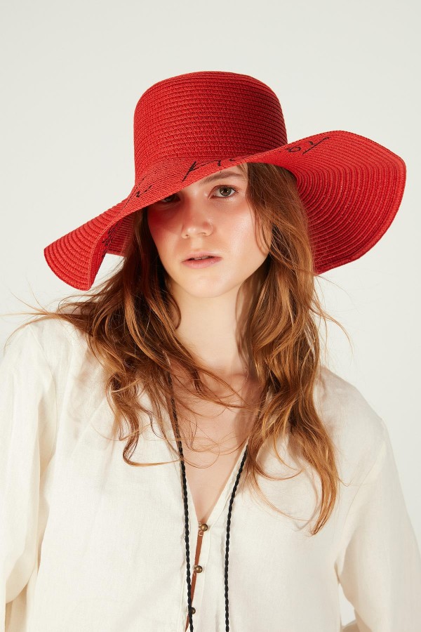 14232-9 Beach Please Yazılı Kırmızı Hasır Kloş Şapka