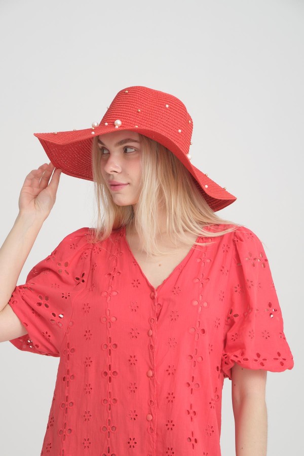 14232-10 Üzeri İncili Kırmızı Geniş Hasır Şapka